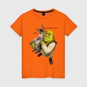 Женская футболка хлопок с принтом Shrek-Donkey в Санкт-Петербурге, 100% хлопок | прямой крой, круглый вырез горловины, длина до линии бедер, слегка спущенное плечо | dreamworks | shrek | арт | лого | мультфильм | постер | шрек