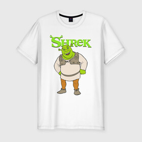 Мужская футболка хлопок Slim с принтом Shrek | Шрек (Z) в Санкт-Петербурге, 92% хлопок, 8% лайкра | приталенный силуэт, круглый вырез ворота, длина до линии бедра, короткий рукав | dreamworks | shrek | зелёный огр | мульт | мультфильм | приключения
