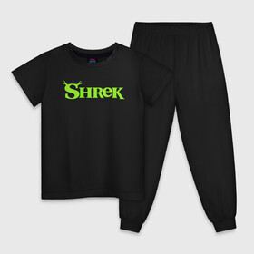 Детская пижама хлопок с принтом Shrek | Logo (Z) в Санкт-Петербурге, 100% хлопок |  брюки и футболка прямого кроя, без карманов, на брюках мягкая резинка на поясе и по низу штанин
 | Тематика изображения на принте: dreamworks | logo | shrek | зелёный огр | мульт | мультфильм | приключения