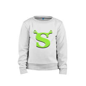 Детский свитшот хлопок с принтом Shrek Logo (+спина) (Z) в Санкт-Петербурге, 100% хлопок | круглый вырез горловины, эластичные манжеты, пояс и воротник | Тематика изображения на принте: dreamworks | shrek | зелёный огр | мульт | мультфильм | приключения