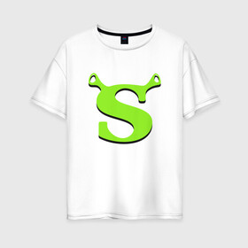 Женская футболка хлопок Oversize с принтом Shrek Logo (+спина) (Z) в Санкт-Петербурге, 100% хлопок | свободный крой, круглый ворот, спущенный рукав, длина до линии бедер
 | dreamworks | shrek | зелёный огр | мульт | мультфильм | приключения