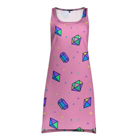 Платье-майка 3D с принтом Кристаллы в Санкт-Петербурге, 100% полиэстер | полуприлегающий силуэт, широкие бретели, круглый вырез горловины, удлиненный подол сзади. | девушкам | женщинам | изумруды | камни | конфетти | кристалл | праздник | розовая