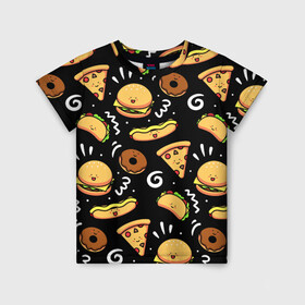 Детская футболка 3D с принтом Фастфуд в Санкт-Петербурге, 100% гипоаллергенный полиэфир | прямой крой, круглый вырез горловины, длина до линии бедер, чуть спущенное плечо, ткань немного тянется | burger | cheese | donut | food | hot dog | pizza | sandwich | бургер | еда | пицца | пончик | сыр | сэндвич | фастфуд | хот дог