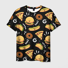 Мужская футболка 3D с принтом Фастфуд в Санкт-Петербурге, 100% полиэфир | прямой крой, круглый вырез горловины, длина до линии бедер | Тематика изображения на принте: burger | cheese | donut | food | hot dog | pizza | sandwich | бургер | еда | пицца | пончик | сыр | сэндвич | фастфуд | хот дог