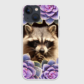 Чехол для iPhone 13 mini с принтом Енот среди цветов в Санкт-Петербурге,  |  | енот | животное | зверь | полоскун | цветок | цветы