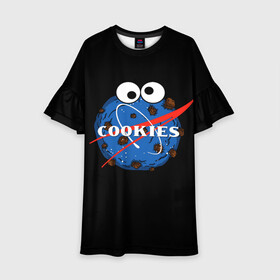 Детское платье 3D с принтом Cookies в Санкт-Петербурге, 100% полиэстер | прямой силуэт, чуть расширенный к низу. Круглая горловина, на рукавах — воланы | cookies | nasa | астронавт | астрономия | глазки | земля | космос | наса | печенье | печеньки | планета | смайл | спутник