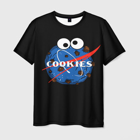 Мужская футболка 3D с принтом Cookies в Санкт-Петербурге, 100% полиэфир | прямой крой, круглый вырез горловины, длина до линии бедер | cookies | nasa | астронавт | астрономия | глазки | земля | космос | наса | печенье | печеньки | планета | смайл | спутник