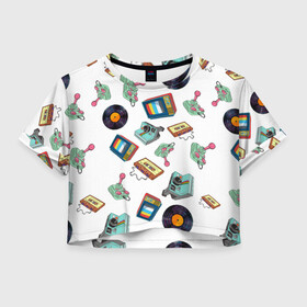 Женская футболка Crop-top 3D с принтом Стиль 80х в Санкт-Петербурге, 100% полиэстер | круглая горловина, длина футболки до линии талии, рукава с отворотами | 80 | 90 | девяностные | джостик | диск | диски | касета | музыка | палоройд | пластинка | пластинки | тв | телик | фотик