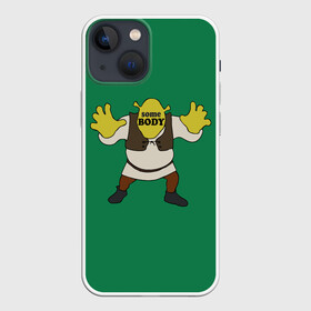 Чехол для iPhone 13 mini с принтом Shrek. Somebody в Санкт-Петербурге,  |  | Тематика изображения на принте: donkey | fiona | gonna | is | life | love | me | once | roll | shrek | somebody | the | told | world | артур | в | гарольд | дракон | жизнь | кот | лорд | любовь | мем | мерлин | огр | осел | пиноккио | пряник | сапогах | фаркуад | фиона | чарм