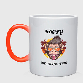 Кружка хамелеон с принтом Счастливая обезьяна в Санкт-Петербурге, керамика | меняет цвет при нагревании, емкость 330 мл | лето | надпись | обезьяна | отпуск | очки | пальмы | счастье