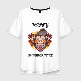 Мужская футболка хлопок Oversize с принтом Счастливая обезьяна в Санкт-Петербурге, 100% хлопок | свободный крой, круглый ворот, “спинка” длиннее передней части | Тематика изображения на принте: лето | надпись | обезьяна | отпуск | очки | пальмы | счастье