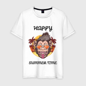 Мужская футболка хлопок с принтом Счастливая обезьяна в Санкт-Петербурге, 100% хлопок | прямой крой, круглый вырез горловины, длина до линии бедер, слегка спущенное плечо. | Тематика изображения на принте: лето | надпись | обезьяна | отпуск | очки | пальмы | счастье