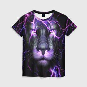 Женская футболка 3D с принтом НЕОНОВЫЙ ЛЕВ  NEON LION в Санкт-Петербурге, 100% полиэфир ( синтетическое хлопкоподобное полотно) | прямой крой, круглый вырез горловины, длина до линии бедер | lion | neon | голова | гроза | дикая кошка | животные | кот | кошка | лев | молния | неон | тигр | хищник
