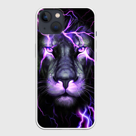 Чехол для iPhone 13 с принтом НЕОНОВЫЙ ЛЕВ  NEON LION в Санкт-Петербурге,  |  | lion | neon | голова | гроза | дикая кошка | животные | кот | кошка | лев | молния | неон | тигр | хищник