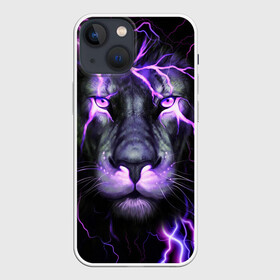 Чехол для iPhone 13 mini с принтом НЕОНОВЫЙ ЛЕВ  NEON LION в Санкт-Петербурге,  |  | lion | neon | голова | гроза | дикая кошка | животные | кот | кошка | лев | молния | неон | тигр | хищник