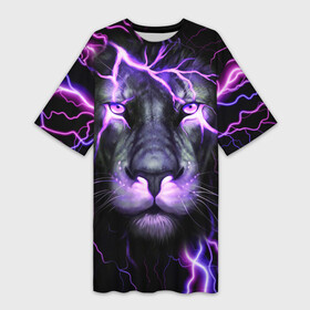 Платье-футболка 3D с принтом НЕОНОВЫЙ ЛЕВ  NEON LION в Санкт-Петербурге,  |  | lion | neon | голова | гроза | дикая кошка | животные | кот | кошка | лев | молния | неон | тигр | хищник