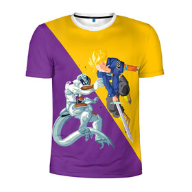 Мужская футболка 3D спортивная с принтом Yellow vs purple в Санкт-Петербурге, 100% полиэстер с улучшенными характеристиками | приталенный силуэт, круглая горловина, широкие плечи, сужается к линии бедра | Тематика изображения на принте: anime | dragon ball | аниме | анимэ | драгон бал | дрэгон бол | жемчуг дракона