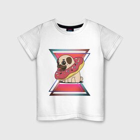 Детская футболка хлопок с принтом Щенок и пончик в Санкт-Петербурге, 100% хлопок | круглый вырез горловины, полуприлегающий силуэт, длина до линии бедер | абстракция | еда | животные | мопс | пончик | пончики | щенок
