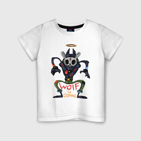 Детская футболка хлопок с принтом Волк в маске зайца в Санкт-Петербурге, 100% хлопок | круглый вырез горловины, полуприлегающий силуэт, длина до линии бедер | волк | заяц | иметатор | маска | сердце | хищник