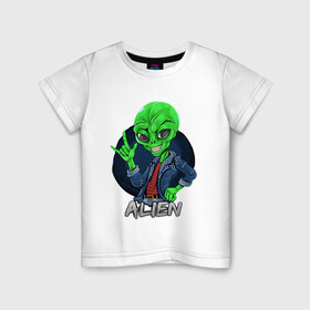 Детская футболка хлопок с принтом Внеземная жизнь под рок в Санкт-Петербурге, 100% хлопок | круглый вырез горловины, полуприлегающий силуэт, длина до линии бедер | alien | гуманоид | инопланетянин | косуха | рок | рокер | улыбка | хипстер