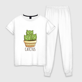 Женская пижама хлопок с принтом Котики Кактусы Catctus в Санкт-Петербурге, 100% хлопок | брюки и футболка прямого кроя, без карманов, на брюках мягкая резинка на поясе и по низу штанин | Тематика изображения на принте: cactus | cat | cats | cute cactus | english words | kitten | kitty | puss | pussy | pussycat | кактус в горшке | киски | кисы | котёнок | котики | коты в виде кактусов | коты кактусы | котята | котята кактусы | котятки | кошечки | кошка | мил
