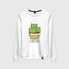 Женский свитшот хлопок с принтом Котики Кактусы Catctus в Санкт-Петербурге, 100% хлопок | прямой крой, круглый вырез, на манжетах и по низу широкая трикотажная резинка  | Тематика изображения на принте: cactus | cat | cats | cute cactus | english words | kitten | kitty | puss | pussy | pussycat | кактус в горшке | киски | кисы | котёнок | котики | коты в виде кактусов | коты кактусы | котята | котята кактусы | котятки | кошечки | кошка | мил