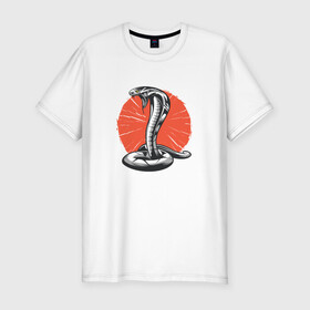 Мужская футболка хлопок Slim с принтом Японская Кобра | Japan Cobra в Санкт-Петербурге, 92% хлопок, 8% лайкра | приталенный силуэт, круглый вырез ворота, длина до линии бедра, короткий рукав | art | asp | aspid | cobra kai | japanese | poison | poisoned | red sun | snake | vemonous | venom | viper | арт | вайпер | восходящее солнце | змея | иллюстрация | кобра кай | красное солнце | рисунок кобры | солнце | яд | яд