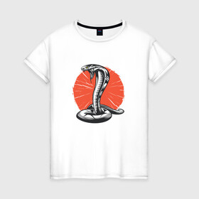 Женская футболка хлопок с принтом Японская Кобра | Japan Cobra в Санкт-Петербурге, 100% хлопок | прямой крой, круглый вырез горловины, длина до линии бедер, слегка спущенное плечо | art | asp | aspid | cobra kai | japanese | poison | poisoned | red sun | snake | vemonous | venom | viper | арт | вайпер | восходящее солнце | змея | иллюстрация | кобра кай | красное солнце | рисунок кобры | солнце | яд | яд