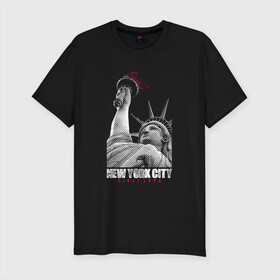 Мужская футболка хлопок Slim с принтом Statue Of Liberty в Санкт-Петербурге, 92% хлопок, 8% лайкра | приталенный силуэт, круглый вырез ворота, длина до линии бедра, короткий рукав | Тематика изображения на принте: америка | география | города | нью йорк | статуя свободы | страны | сша | туристам