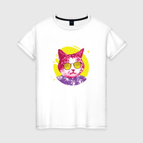 Женская футболка хлопок с принтом Кот Тусовщик в солнечных очках в Санкт-Петербурге, 100% хлопок | прямой крой, круглый вырез горловины, длина до линии бедер, слегка спущенное плечо | cat | cats | chill | cool cat | kitten | leto | party | puss | pussy | pussycat | summer | vacation | киски | кисы | кот в гавайской рубашке | котёнок | котики | котята | котятки | кошечки | кошка | лето | отдых | отпуск | пати |