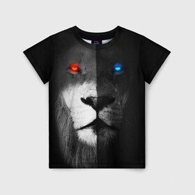 Детская футболка 3D с принтом ЛЕВ - НЕОНОВЫЕ ГЛАЗА в Санкт-Петербурге, 100% гипоаллергенный полиэфир | прямой крой, круглый вырез горловины, длина до линии бедер, чуть спущенное плечо, ткань немного тянется | lion | neon | глаза | голова | дикая кошка | животные | кот | кошка | лев | неон | светящиеся глаза | тигр | хищник