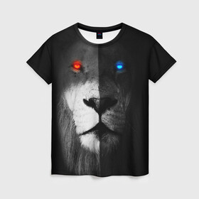 Женская футболка 3D с принтом ЛЕВ - НЕОНОВЫЕ ГЛАЗА в Санкт-Петербурге, 100% полиэфир ( синтетическое хлопкоподобное полотно) | прямой крой, круглый вырез горловины, длина до линии бедер | lion | neon | глаза | голова | дикая кошка | животные | кот | кошка | лев | неон | светящиеся глаза | тигр | хищник