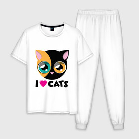 Мужская пижама хлопок с принтом I Love Cats в Санкт-Петербурге, 100% хлопок | брюки и футболка прямого кроя, без карманов, на брюках мягкая резинка на поясе и по низу штанин
 | animal | cat | cute | kitty | love | meow | друг | животные | киска | китти | кот | котенок | котик | котэ | кошечка | кошка | милый | мур | мяу | питомец | тигр