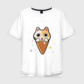 Мужская футболка хлопок Oversize с принтом Ice Cream Cat в Санкт-Петербурге, 100% хлопок | свободный крой, круглый ворот, “спинка” длиннее передней части | animal | cat | cute | kitty | meow | друг | животные | киска | китти | кот | котенок | котик | котэ | кошечка | кошка | милый | мороженое | мур | мяу | питомец | тигр