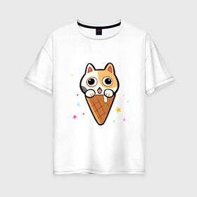 Женская футболка хлопок Oversize с принтом Ice Cream Cat в Санкт-Петербурге, 100% хлопок | свободный крой, круглый ворот, спущенный рукав, длина до линии бедер
 | animal | cat | cute | kitty | meow | друг | животные | киска | китти | кот | котенок | котик | котэ | кошечка | кошка | милый | мороженое | мур | мяу | питомец | тигр