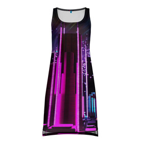 Платье-майка 3D с принтом PINK CITY в Санкт-Петербурге, 100% полиэстер | полуприлегающий силуэт, широкие бретели, круглый вырез горловины, удлиненный подол сзади. | city | pink | purple | абстракция | город | ночной город