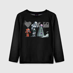 Детский лонгслив 3D с принтом Любовь, Смерть & Роботы в Санкт-Петербурге, 100% полиэстер | длинные рукава, круглый вырез горловины, полуприлегающий силуэт
 | cat | cats | death | logo | love | netflix | robots | анимация | кино | кот | кошка | лого | любовь | нетфликс | роботы | сериал