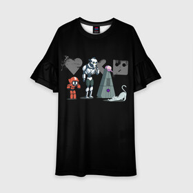 Детское платье 3D с принтом Любовь, Смерть & Роботы в Санкт-Петербурге, 100% полиэстер | прямой силуэт, чуть расширенный к низу. Круглая горловина, на рукавах — воланы | Тематика изображения на принте: cat | cats | death | logo | love | netflix | robots | анимация | кино | кот | кошка | лого | любовь | нетфликс | роботы | сериал