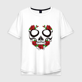 Мужская футболка хлопок Oversize с принтом Череп и розы в Санкт-Петербурге, 100% хлопок | свободный крой, круглый ворот, “спинка” длиннее передней части | skull | глазницы | розы | цветы | череп
