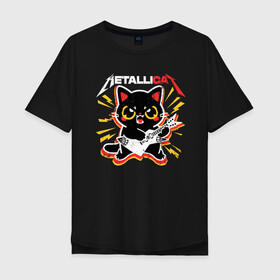 Мужская футболка хлопок Oversize с принтом METALLICAT в Санкт-Петербурге, 100% хлопок | свободный крой, круглый ворот, “спинка” длиннее передней части | Тематика изображения на принте: cat | metallica | metallicat | rock | кот | металлика | музыка | рок | рокер