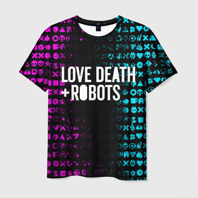 Мужская футболка 3D с принтом ЛЮБОВЬ СМЕРТЬ И РОБОТЫ в Санкт-Петербурге, 100% полиэфир | прямой крой, круглый вырез горловины, длина до линии бедер | Тематика изображения на принте: death | hear | ldr | logo | love | netflix | robots | smile | анимация | кино | лого | лср | любовь | нетфликс | роботы | сердце | сериал | смайл | смайлик