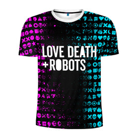 Мужская футболка 3D спортивная с принтом ЛЮБОВЬ СМЕРТЬ И РОБОТЫ в Санкт-Петербурге, 100% полиэстер с улучшенными характеристиками | приталенный силуэт, круглая горловина, широкие плечи, сужается к линии бедра | Тематика изображения на принте: death | hear | ldr | logo | love | netflix | robots | smile | анимация | кино | лого | лср | любовь | нетфликс | роботы | сердце | сериал | смайл | смайлик