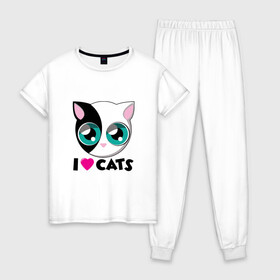 Женская пижама хлопок с принтом I Love Cats в Санкт-Петербурге, 100% хлопок | брюки и футболка прямого кроя, без карманов, на брюках мягкая резинка на поясе и по низу штанин | animal | cat | cute | kitty | love | meow | друг | животные | киска | китти | кот | котенок | котик | котэ | кошечка | кошка | люблю | любовь | милый | мур | мяу | питомец | тигр