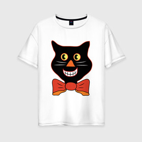 Женская футболка хлопок Oversize с принтом Smiling Cat в Санкт-Петербурге, 100% хлопок | свободный крой, круглый ворот, спущенный рукав, длина до линии бедер
 | animal | cat | cute | kitty | meow | друг | животные | киска | китти | кот | котенок | котик | котэ | кошечка | кошка | милый | мур | мяу | питомец | тигр