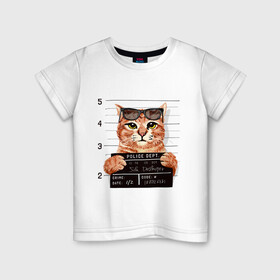 Детская футболка хлопок с принтом РУТОЙ КОТ В ОЧКАХ ЗАКЛЮЧЕННЫЙ в Санкт-Петербурге, 100% хлопок | круглый вырез горловины, полуприлегающий силуэт, длина до линии бедер | Тематика изображения на принте: cat | cats | cool | cute | funny | kitten | kitty | meow | pet | prisoner | в очках | заключенный | кот | котик | коты | кошка | кошки | милый