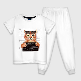 Детская пижама хлопок с принтом РУТОЙ КОТ В ОЧКАХ ЗАКЛЮЧЕННЫЙ в Санкт-Петербурге, 100% хлопок |  брюки и футболка прямого кроя, без карманов, на брюках мягкая резинка на поясе и по низу штанин
 | Тематика изображения на принте: cat | cats | cool | cute | funny | kitten | kitty | meow | pet | prisoner | в очках | заключенный | кот | котик | коты | кошка | кошки | милый