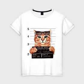 Женская футболка хлопок с принтом РУТОЙ КОТ В ОЧКАХ ЗАКЛЮЧЕННЫЙ в Санкт-Петербурге, 100% хлопок | прямой крой, круглый вырез горловины, длина до линии бедер, слегка спущенное плечо | cat | cats | cool | cute | funny | kitten | kitty | meow | pet | prisoner | в очках | заключенный | кот | котик | коты | кошка | кошки | милый
