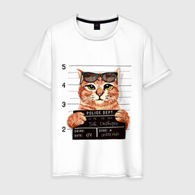 Мужская футболка хлопок с принтом РУТОЙ КОТ В ОЧКАХ ЗАКЛЮЧЕННЫЙ в Санкт-Петербурге, 100% хлопок | прямой крой, круглый вырез горловины, длина до линии бедер, слегка спущенное плечо. | cat | cats | cool | cute | funny | kitten | kitty | meow | pet | prisoner | в очках | заключенный | кот | котик | коты | кошка | кошки | милый