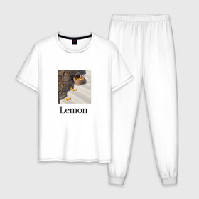 Мужская пижама хлопок с принтом лимон лимонад эстетика в Санкт-Петербурге, 100% хлопок | брюки и футболка прямого кроя, без карманов, на брюках мягкая резинка на поясе и по низу штанин
 | Тематика изображения на принте: кэжл | лимон | лимонад | эстетика