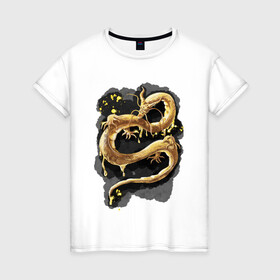 Женская футболка хлопок с принтом Золотой Дракон в Санкт-Петербурге, 100% хлопок | прямой крой, круглый вырез горловины, длина до линии бедер, слегка спущенное плечо | animal | art | dragon | print | арт | дракон | звери | принт | фон | япония